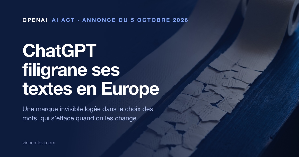 Le 5 octobre 2026, OpenAI a annoncé que les textes produits par ChatGPT et Codex dans l’Union européenne porteront dans les semaines suivantes un filigrane invisible, textGrain, logé dans le choix des mots ; il résiste au copier-coller mais s’efface en grande partie quand un quart des mots est remplacé