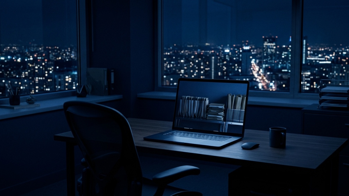 Dans un bureau désert le soir, un ordinateur portable resté ouvert sur une table ; dans le reflet de son écran, on devine des rangées de dossiers et d’enveloppes empilées, tandis que la chaise devant lui est vide