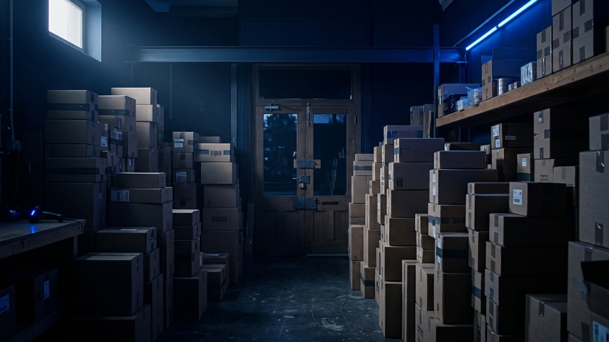 Arrière-boutique d’un commerce à l’aube, les cartons de commandes empilés jusqu’au plafond alors que la boutique n’a pas encore ouvert