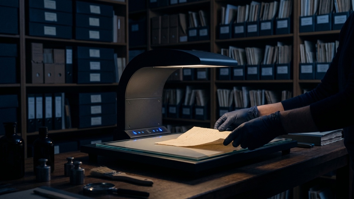 Dans un laboratoire calme, deux mains gantées glissent une feuille sous une lampe d’examen, tandis que derrière elles des bacs entiers de pages attendent leur tour