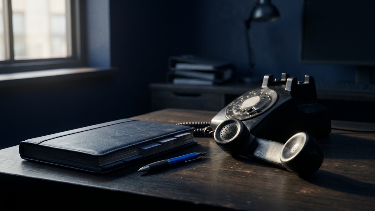 Un bureau de comptabilité en fin de journée : un téléphone fixe au combiné décroché, posé à côté d’un vieux répertoire téléphonique à onglets et d’un stylo, personne dans le cadre